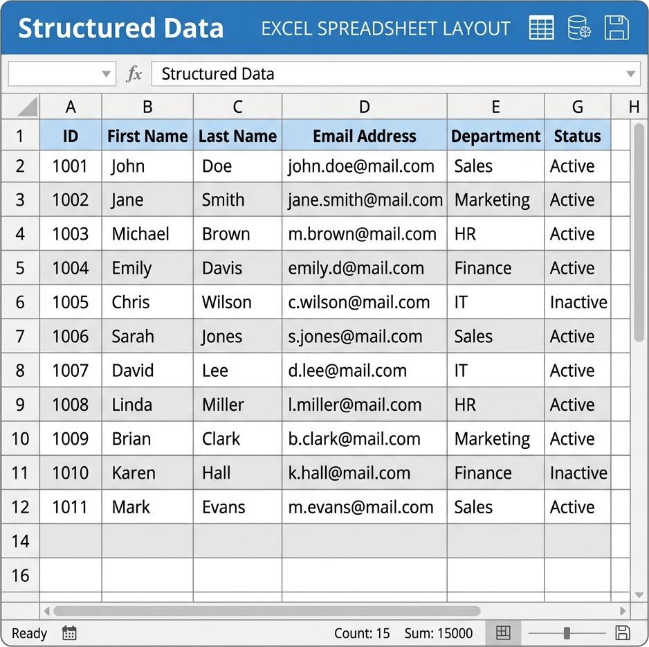 Flat diagram of a neat and organized Excel spreadsheet grid labeled Structured Data