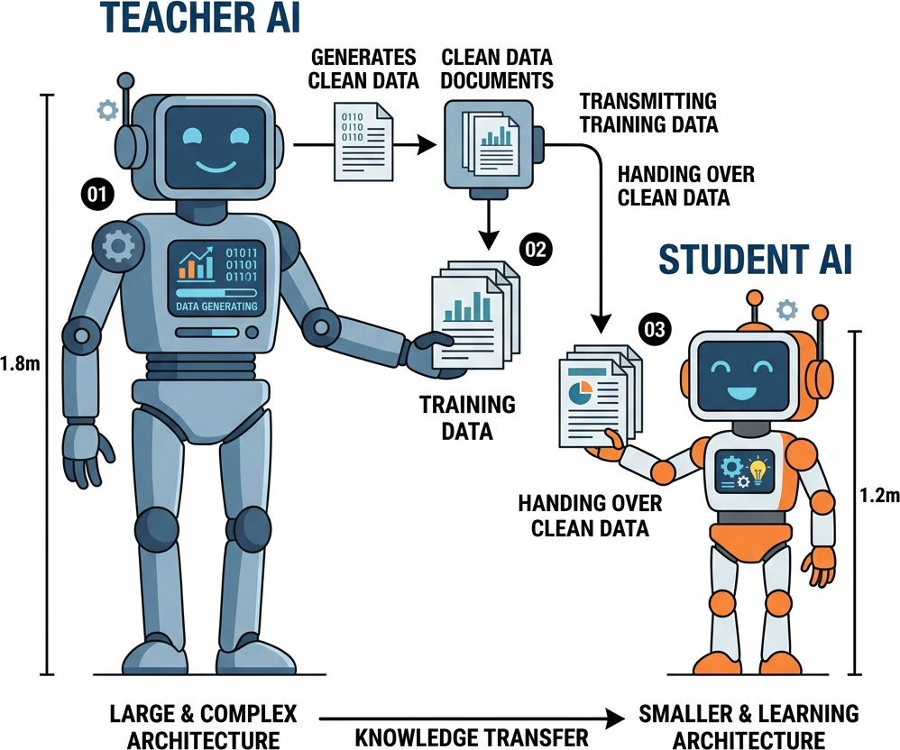 Flat diagram showing a large Teacher AI generating clean documents and handing them to a smaller Student AI
