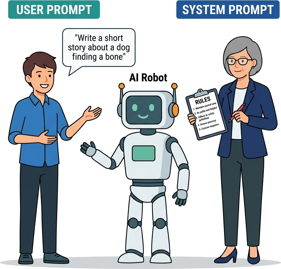 Flat diagram showing a User talking to an AI, while a Director (System) stands behind the AI holding a clipboard of rules