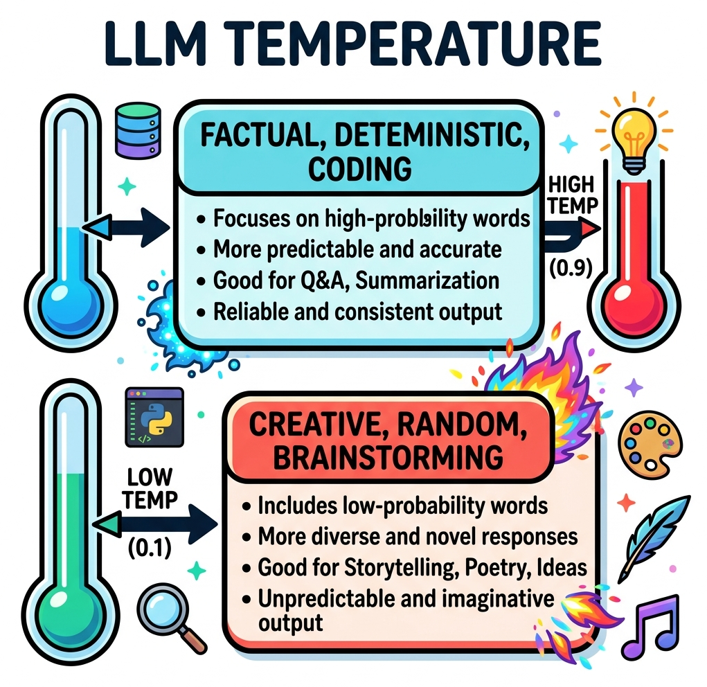 Diagram showing Low Temp pointing to Factual/Deterministic outputs and High Temp pointing to Creative/Random outputs