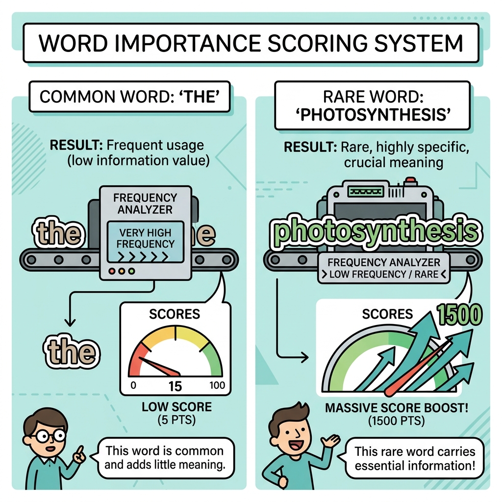 Diagram showing the word "the" getting a low score, while the rare word "photosynthesis" gets a massive mathematical boost