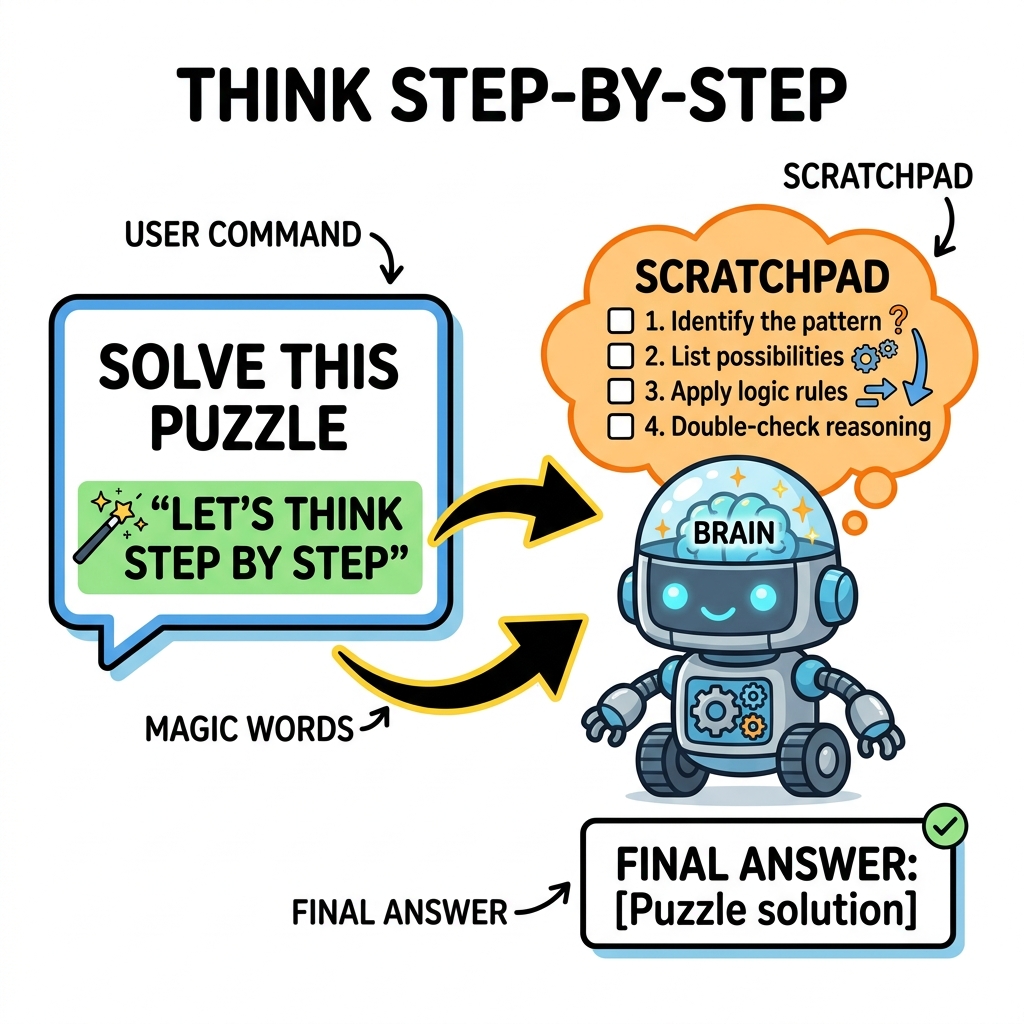 Comic illustration showing a robot generating a scratchpad of steps before answering
