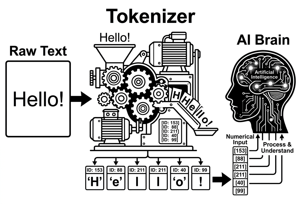 Flowchart showing Raw Text entering a Tokenizer, which outputs numerical IDs into an AI Brain
