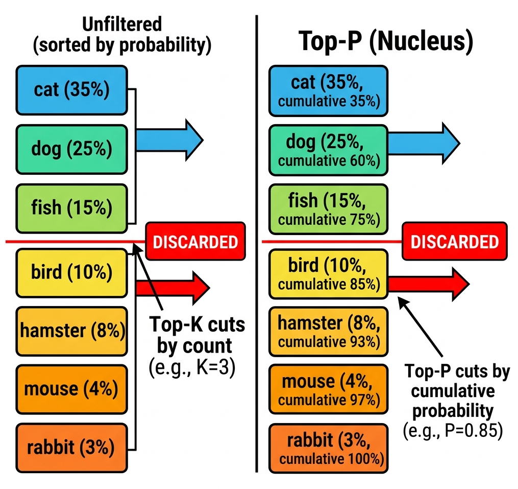 Diagram showing a list of words sorted by probability, with a line cutting off the bottom low-probability words.