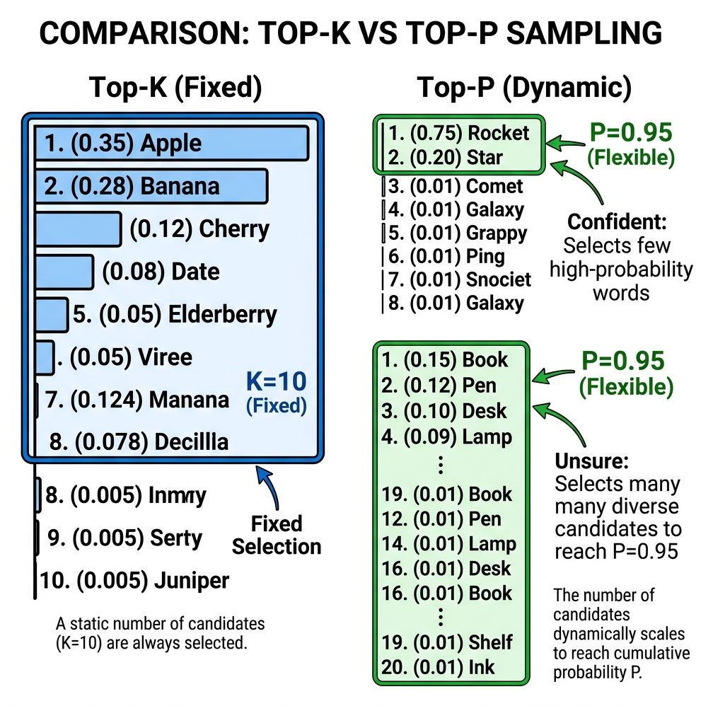 Diagram comparing a rigid Top-K box grabbing 10 words vs a dynamic Top-P box expanding and shrinking based on probability confidence