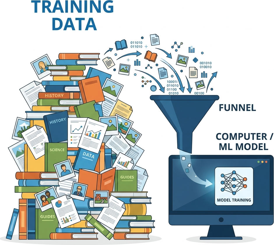 Flat diagram showing a massive pile of books, documents, and photos being funneled into a computer screen labeled Training Data