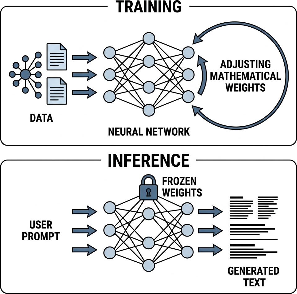 Flat flowchart showing Training adjusting mathematical weights in a loop, while Inference uses locked/frozen weights
