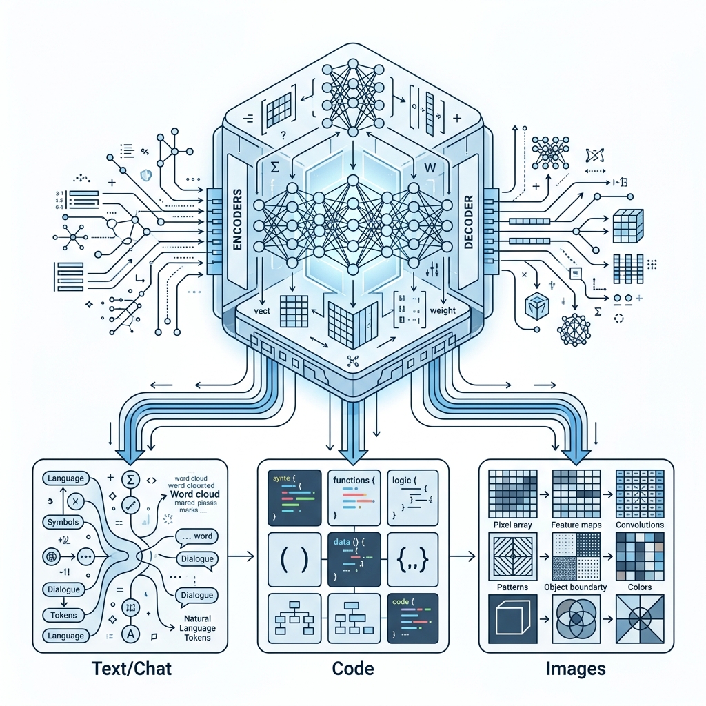 Professional architectural diagram of a central Transformer engine powering text, code, and image generation