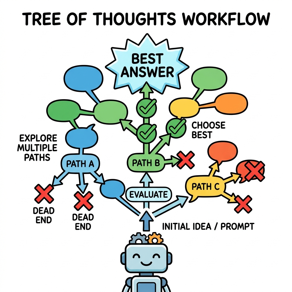 Simple flat illustration showing a robot exploring a branching tree of thoughts, crossing out bad paths and picking the best one