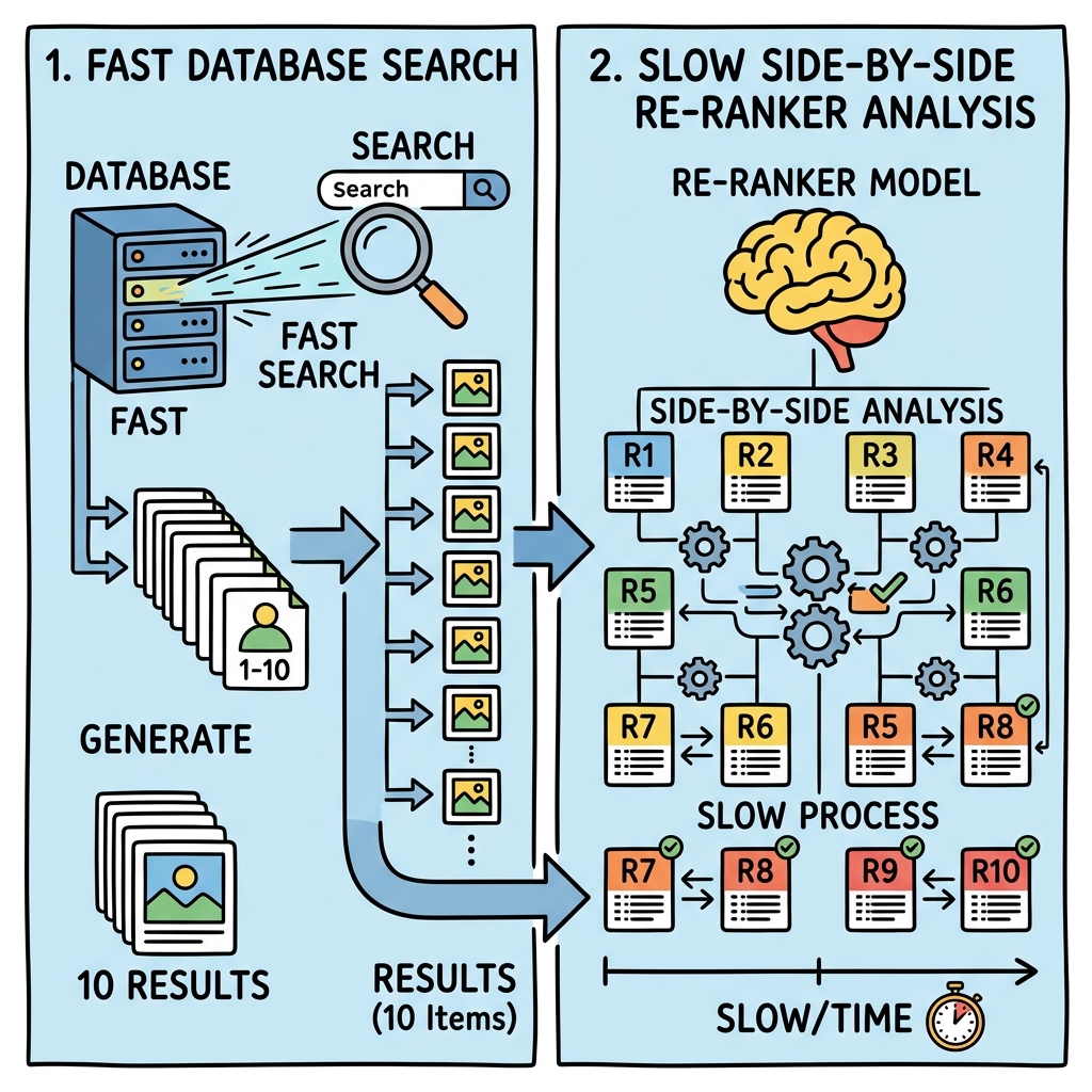 Diagram showing a fast database search yielding 10 results, which are then slowly analyzed side-by-side by a Re-ranker model