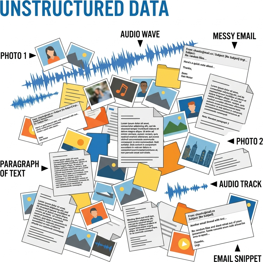 Flat diagram of a chaotic mix of photos, audio, and text labeled Unstructured Data