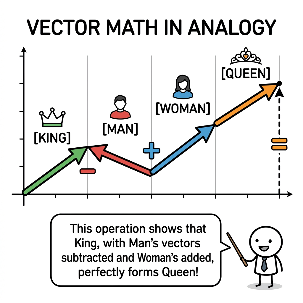 Diagram showing the mathematical equation [King] - [Man] + [Woman] landing perfectly on the vector for [Queen]