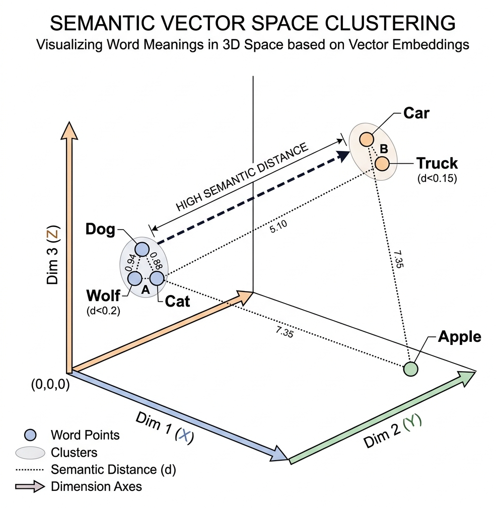 Diagram showing a 3D graph where Dog and Wolf are clustered together, and Car is far away