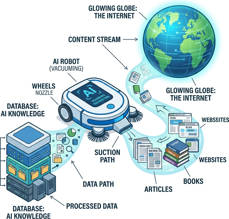 Flat diagram of an AI robot vacuuming up websites and articles from a glowing Internet globe