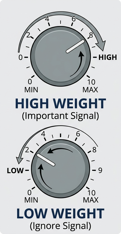 Flat diagram of two volume knobs, one turned high for important signals, one turned low for useless signals