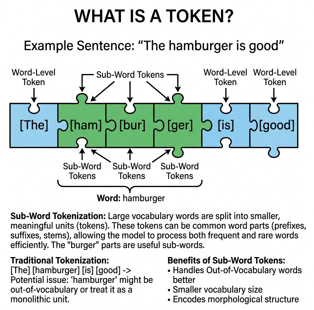 Diagram showing the word hamburger chopped up into sub-word tokens: ham, bur, ger