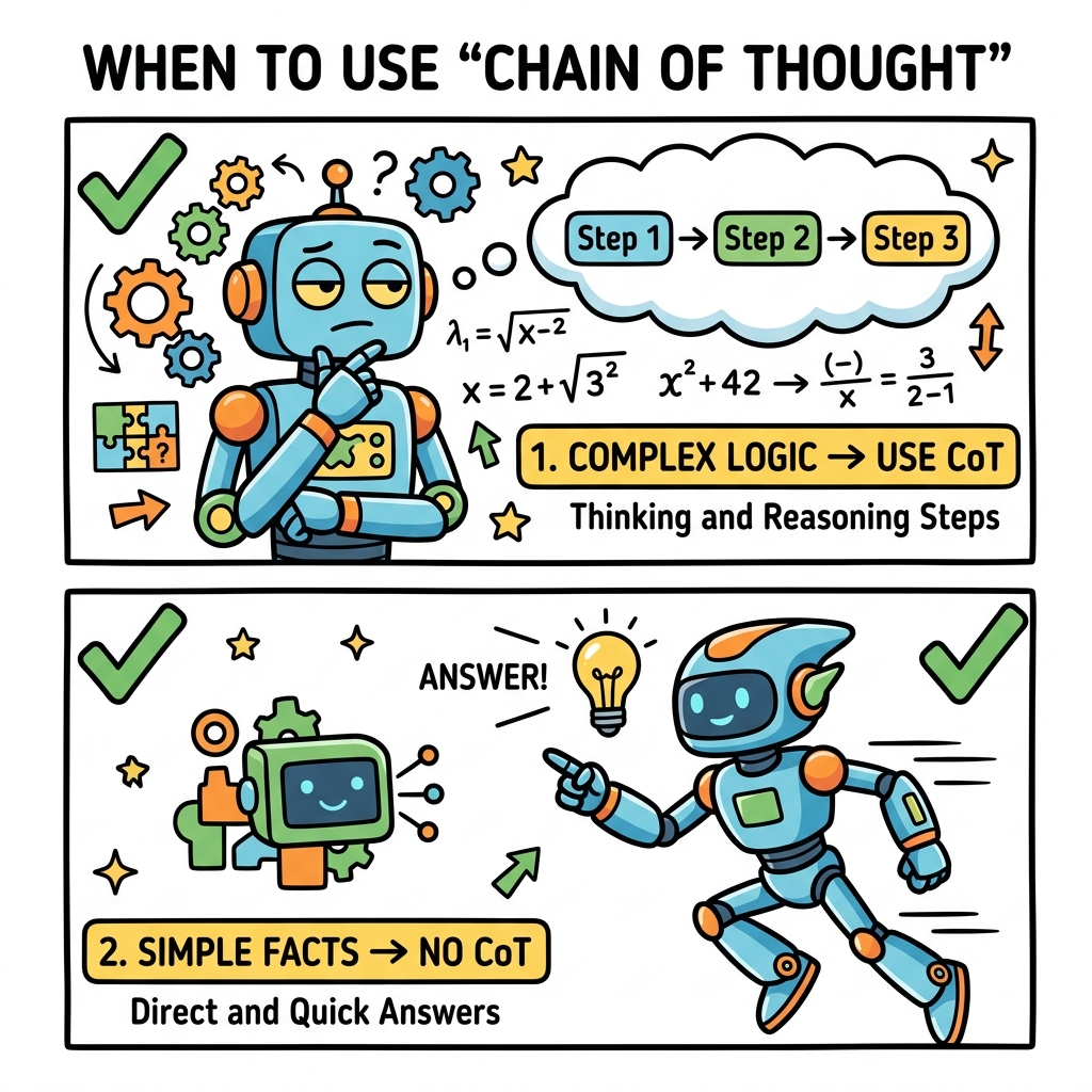 Comic illustration comparing complex logic which needs CoT vs simple facts which do not