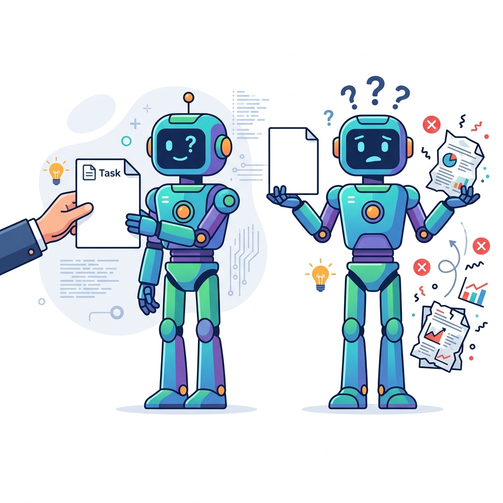 Illustration of a robot looking confused because it was handed a task with no examples to follow