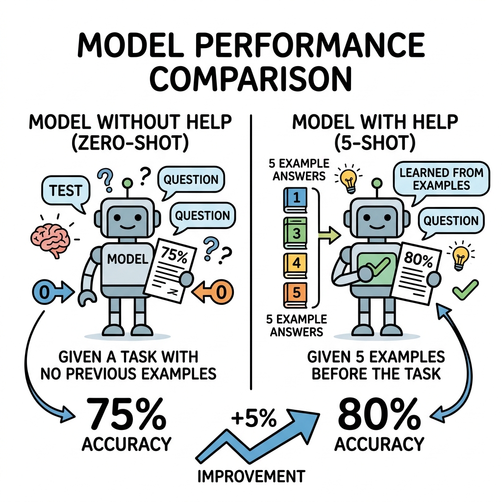 Diagram showing a model scoring 75% without help (Zero-Shot) versus a model scoring 80% only after being given 5 example answers (5-Shot)