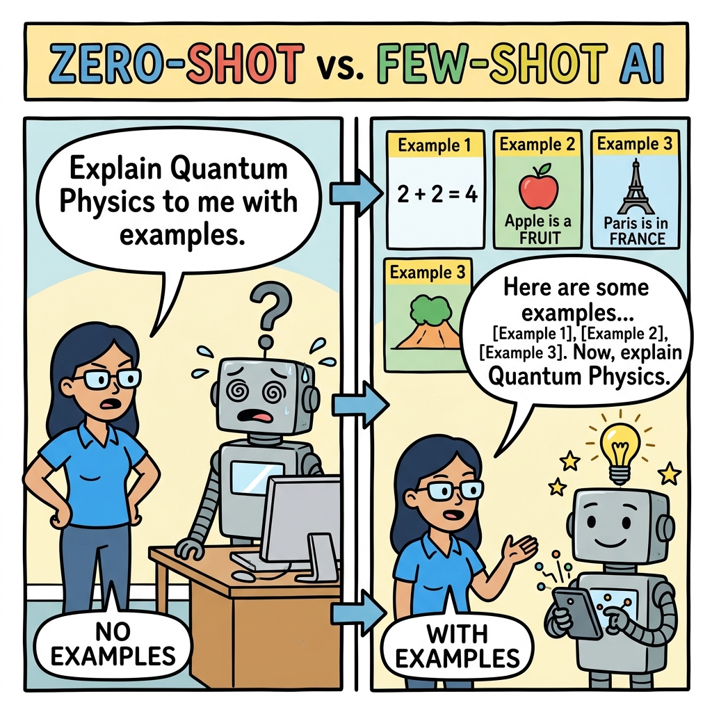 Flat flowchart comparing Zero-Shot prompting to Few-Shot prompting