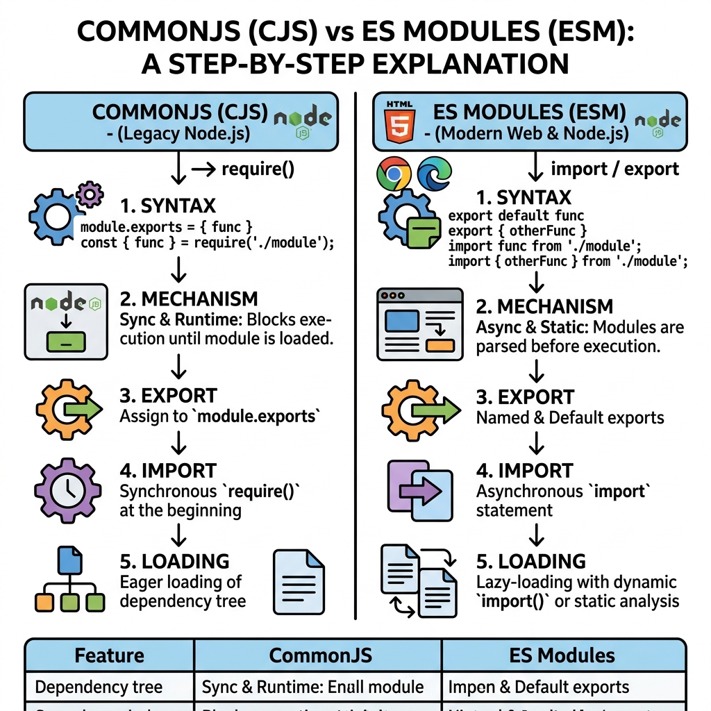 Illustration of CommonJS vs ES Modules