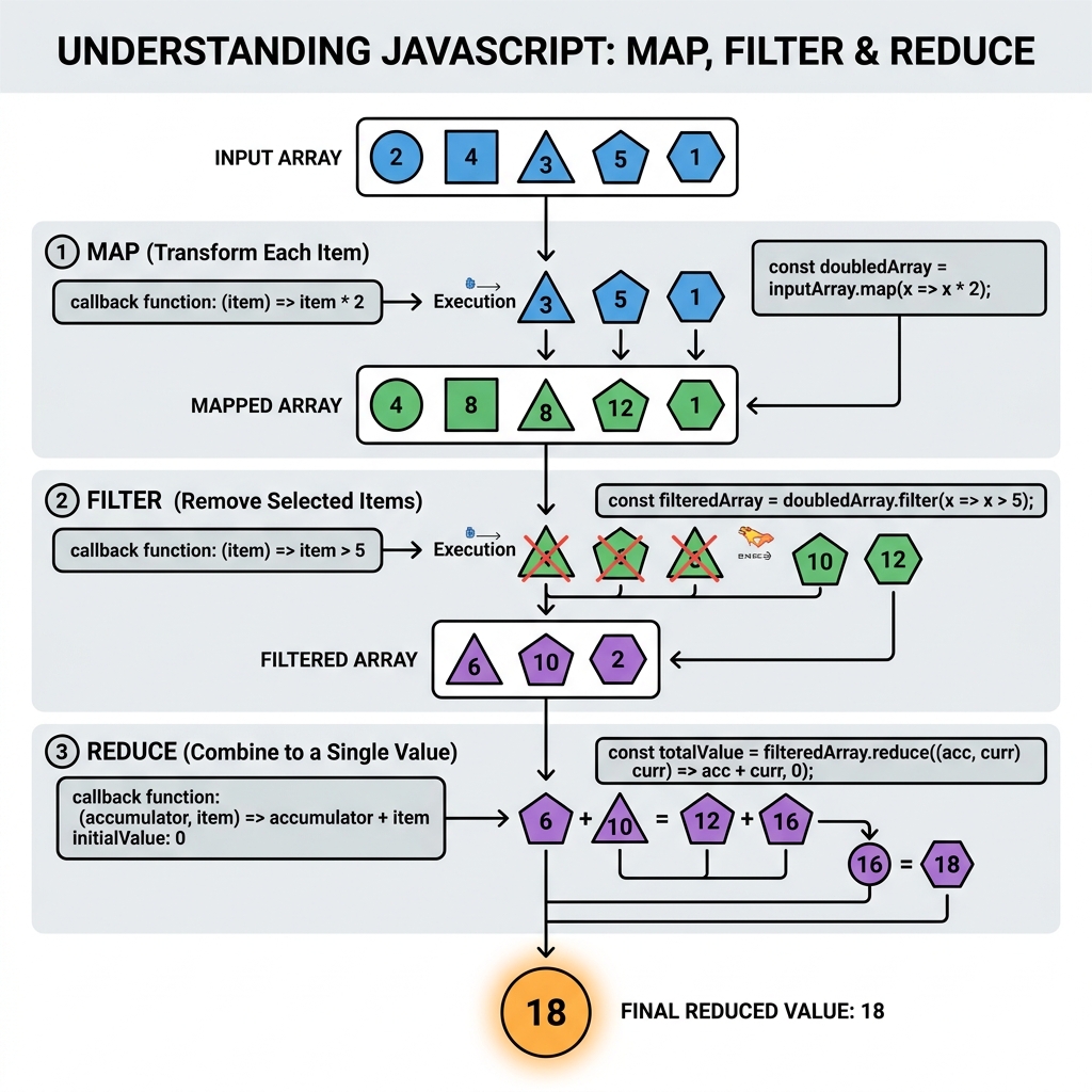Illustration of map, filter & reduce