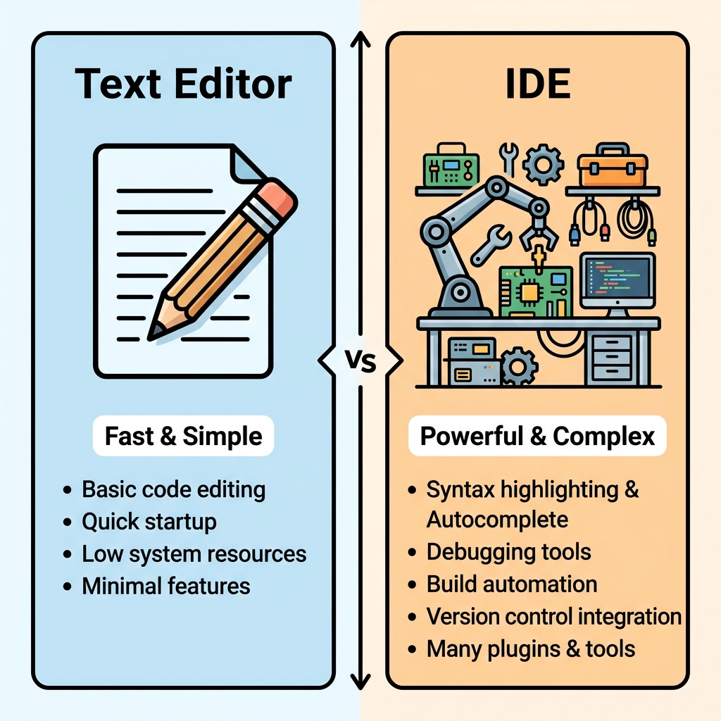 Text Editor vs IDE visual metaphor